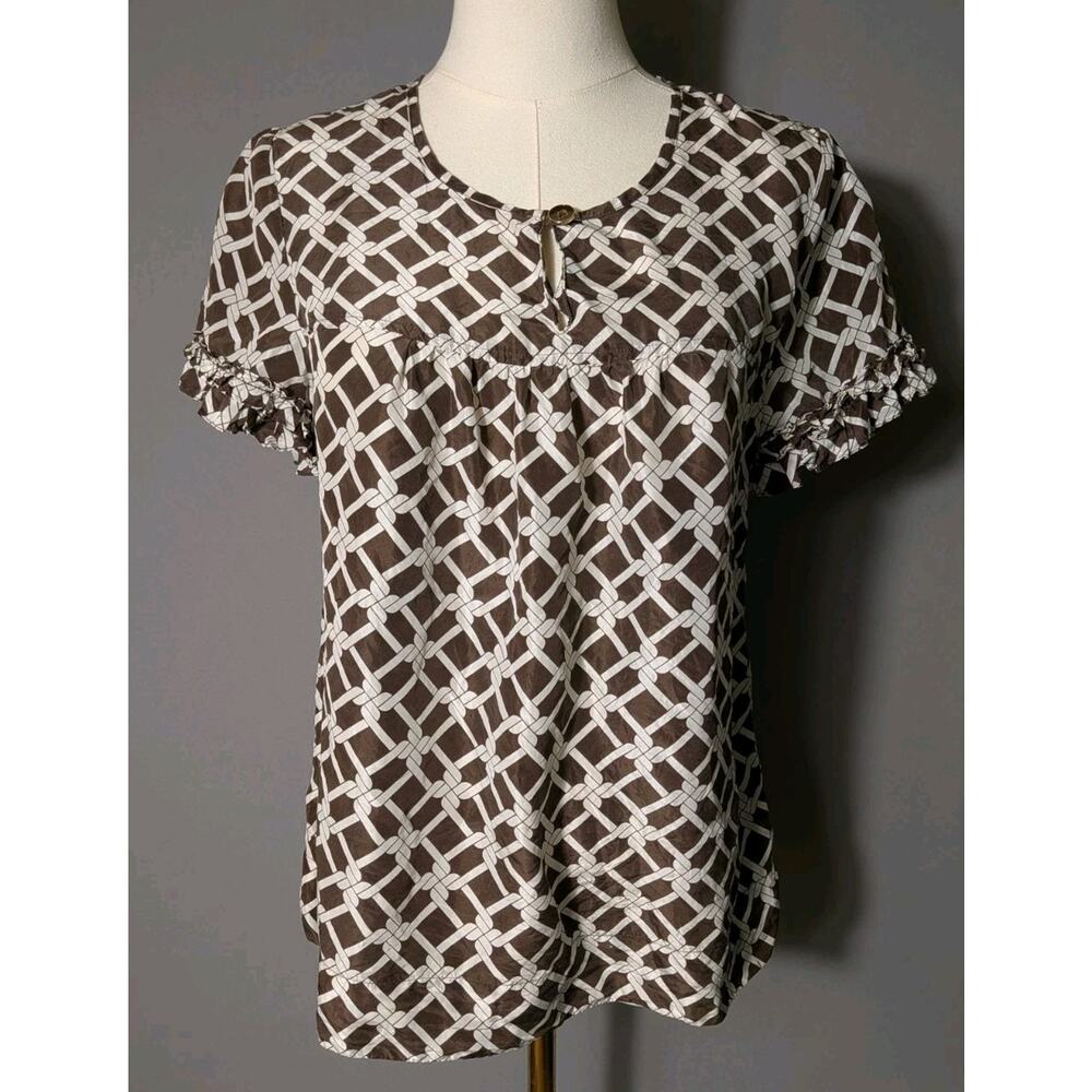 Banana Republic Silk Blouse Brown Ruffle Sleeve Geometric Chain Print Small Boho